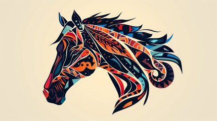 A striking abstract illustration of a horse's head featuring vibrant geometric patterns and bold colors on a beige background.