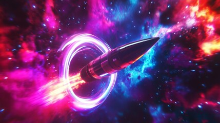 Aufkleber - A rocket speeds through vibrant cosmic clouds filled with swirling colors and light, suggesting a journey through the universe