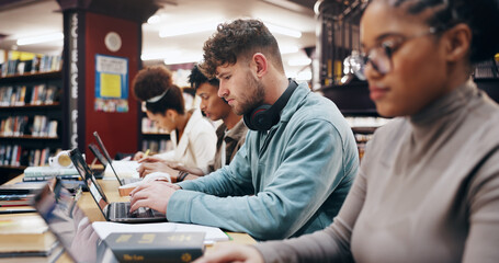 Poster - Education, laptop and typing with student friends in library of university together for learning or study. Computer, development or growth with serious men and women on college campus for scholarship