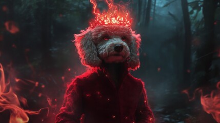 Aufkleber - In an eerie forest at dusk, a unique creature with the head of a dog and a vibrant crown of light is wearing a red garment. The atmosphere is filled with glowing embers and a mystical ambiance.