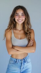 Canvas Print - Young woman smiles confidently in casual outfit against neutral backdrop