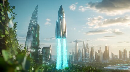 Poster - A sleek rocket ascends into the sky, leaving a trail of blue flames behind