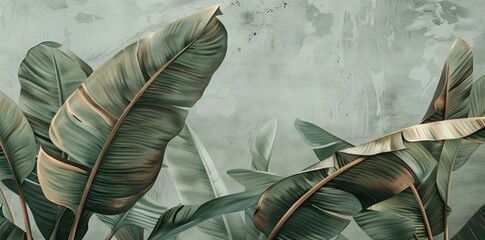 Wall Mural - Tropical leaves, botanical illustration with green and beige tones, textured background Ideal for nature and interior design themes