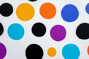 Poster - Row of colorful round objects with a black one in the middle. colors are red, yellow, green, blue, and purple. Colorful Dots Pattern on Fabric Background for Creative Design and Fashion Projects