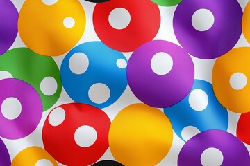 Poster - Row of colorful round objects with a black one in the middle. colors are red, yellow, green, blue, and purple. Colorful Dots Pattern on Fabric Background for Creative Design and Fashion Projects