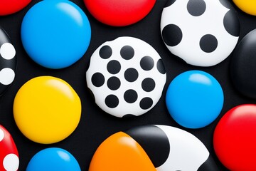 Poster - Row of colorful round objects with a black one in the middle. colors are red, yellow, green, blue, and purple. Colorful Dots Pattern on Fabric Background for Creative Design and Fashion Projects