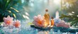 © Waraporn - A tranquil spa setting with aromatherapy oils candles and crystals reflected in the calm water creating a serene and soothing atmosphere for relaxation meditation and self care