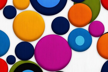 Poster - Row of colorful round objects with a black one in the middle. colors are red, yellow, green, blue, and purple. Colorful Dots Pattern on Fabric Background for Creative Design and Fashion Projects