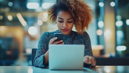 Poster - Woman using a smartphone and laptop in an office setting
