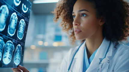 A focused medical professional examines an X ray image, showcasing her dedication to patient care and expertise in radiology. Her thoughtful expression reflects importance of her work in healthcare