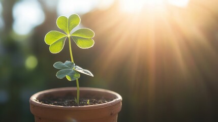 Wall Mural - A four leaf clover plant flourishes in a terracotta pot, basking in the warm sunlight of a bright afternoon