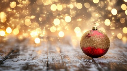 Red and gold Christmas baubles glisten against a backdrop of warm festive lights, capturing the essence of holiday cheer and celebration