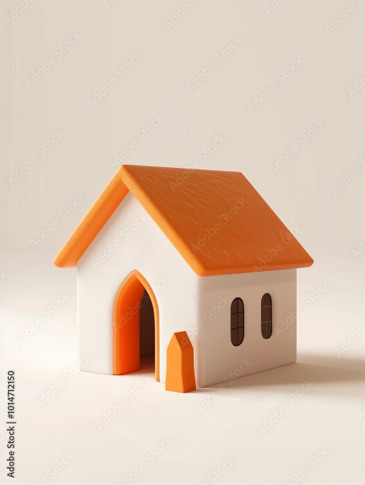3D isometric icon of an orange and white house with clay texture on a ...