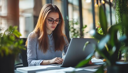 Poster - Woman Working on Laptop in a Coffee Shop Surrounded by Plants