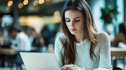 Poster - Young Woman Working on Laptop in a Cafe