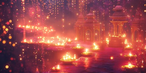 A scene of a city with many buildings and a river. The buildings are lit up with lights and the river is also lit up. Scene is warm and inviting