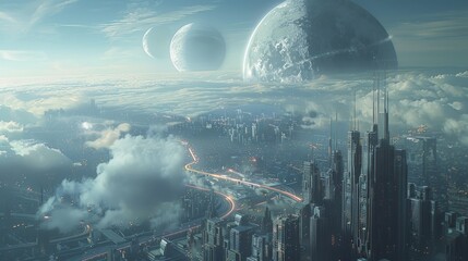 A futuristic city with tall buildings and a highway in the clouds with two moons in the sky.