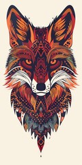 Wall Mural - Fox head silhouette with vibrant tribal patterns.