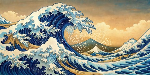 Wall Mural - hokusai style background featuring crashing waves in the sea, hokusai, japanese art, traditional, pa