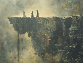 Poster - Three Figures on a Cliff in a Fog