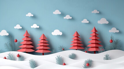 Wall Mural - Red origami Christmas trees with snowdrifts and pine branches against a blue background, creating a whimsical holiday landscape. Concept of modern festive decor and winter celebration