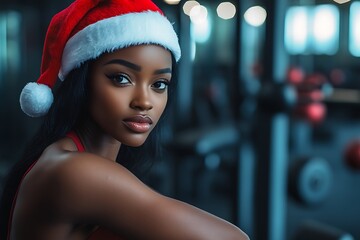 young pretty woman in santa hat and sport wear, christmas sportive lifestyle