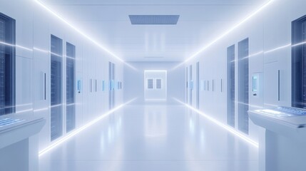 Poster - Bright white data center server room, sleek and organized with futuristic technology, clean surfaces, and LED lighting.