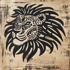 Wall Mural - Lion head with elaborate tribal patterns in a flat lay perspective.