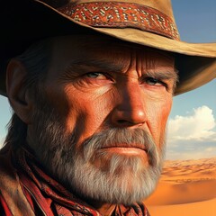 A rugged cowboy stands resolute against a vast desert landscape under a brilliant blue sky