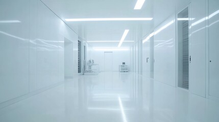 Poster - Data center server room with a sterile white environment, neatly organized servers and cables, bright, well-lit space.