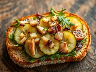 Stunning high resolution photos of toasted bread with pickle slices, fish pieces and arugula