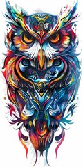 Wall Mural - Owl head in double exposure with vibrant tribal designs.