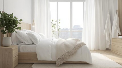 Poster - A clean and simple bedroom with a white bed featuring a fluffy, fringed blanket. The bed is positioned beneath a large window with white curtains that let in a lot of natural light