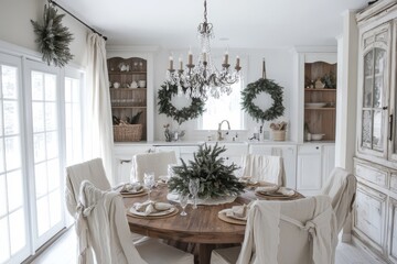 A beautifully arranged dining area features a round wooden table adorned with greenery and elegant tableware, perfect for winter gatherings.