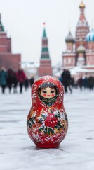 Colorful matryoshka doll stands in front of iconic Russian architecture on a snowy day, capturing cultural essence and winter charm.