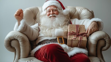 Santa Claus sits joyfully in an armchair holding a beautifully wrapped Christmas gift, embodying holiday cheer and festive spirit.