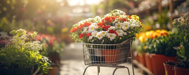 A vibrant flower basket in a sunny garden setting, showcasing beautiful colors and fresh blooms ready for selection.