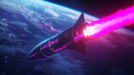 Fototapete - A rocket ship launches from Earth, leaving a long, bright pink trail of smoke. The rocket is visible against a dark blue sky with clouds, and Earth is visible in the background.