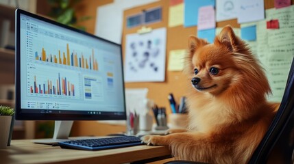 Aufkleber - A small, fluffy dog sits on a desk in front of a computer monitor with a graph visible on the screen. The dog is looking at the screen intently.