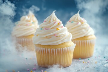 Fluffy vanilla cupcakes with buttercream frosting and pastel sprinkles, set against a soft-focus background and complemented by clouds of liquid nitrogen vapor for a luxurious magazine shoot.