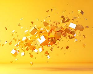 Poster - Dynamic abstract composition of floating golden cubes on a vibrant yellow background, creating a sense of movement and energy.