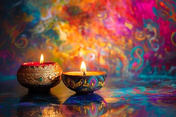 Sticker - Two lit candles in two different colored bowls on a table. The scene has a warm and inviting atmosphere