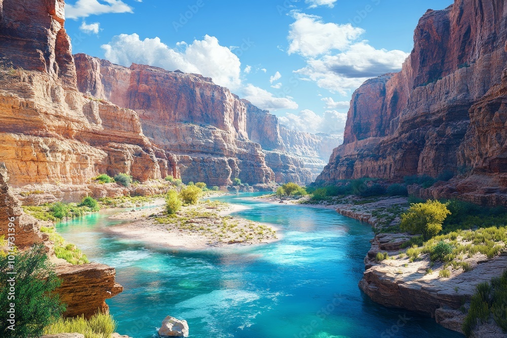 Crystal-clear river winding through a rocky canyon with a vibrant blue ...