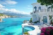 © amelisk - Mediterranean villa overlooking the sea with vibrant blue water and white stone buildings, captured with ultra realism and epic composition for high-quality travel imagery.