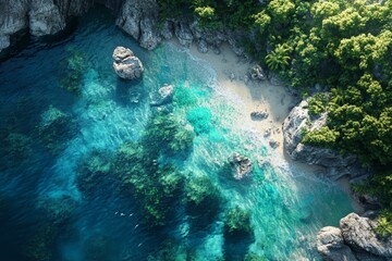 Aerial view of a tropical coastline with coral reefs visible under crystal-clear water, captured with ultra realism and epic composition for travel imagery.