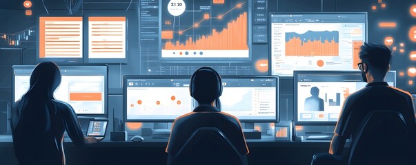 Poster - Team analyzing data on multiple screens with colorful graphs, depicting modern technology and collaborative work environment.