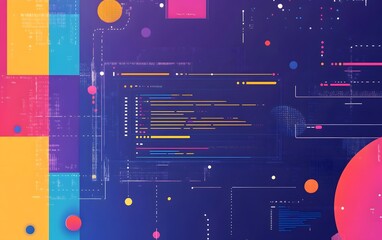 Poster - Vibrant abstract digital background with coding elements and geometric shapes, ideal for technology and programming themes.