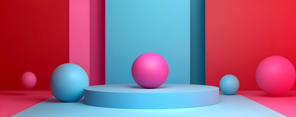Poster - Vibrant geometric composition featuring colorful spheres and shapes in striking blue and red tones, perfect for modern design themes.