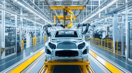 Poster - Robotic arms in an advanced car factory, assembling vehicle bodies with precision, futuristic production line in a large, well-lit hall.