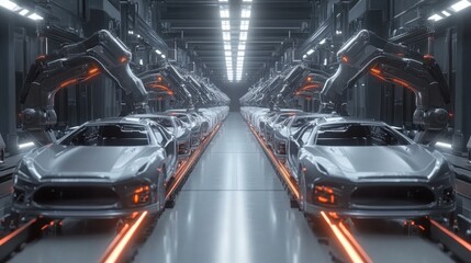 Poster - Robotic arms in an advanced car factory, assembling vehicle bodies with precision, futuristic production line in a large, well-lit hall.